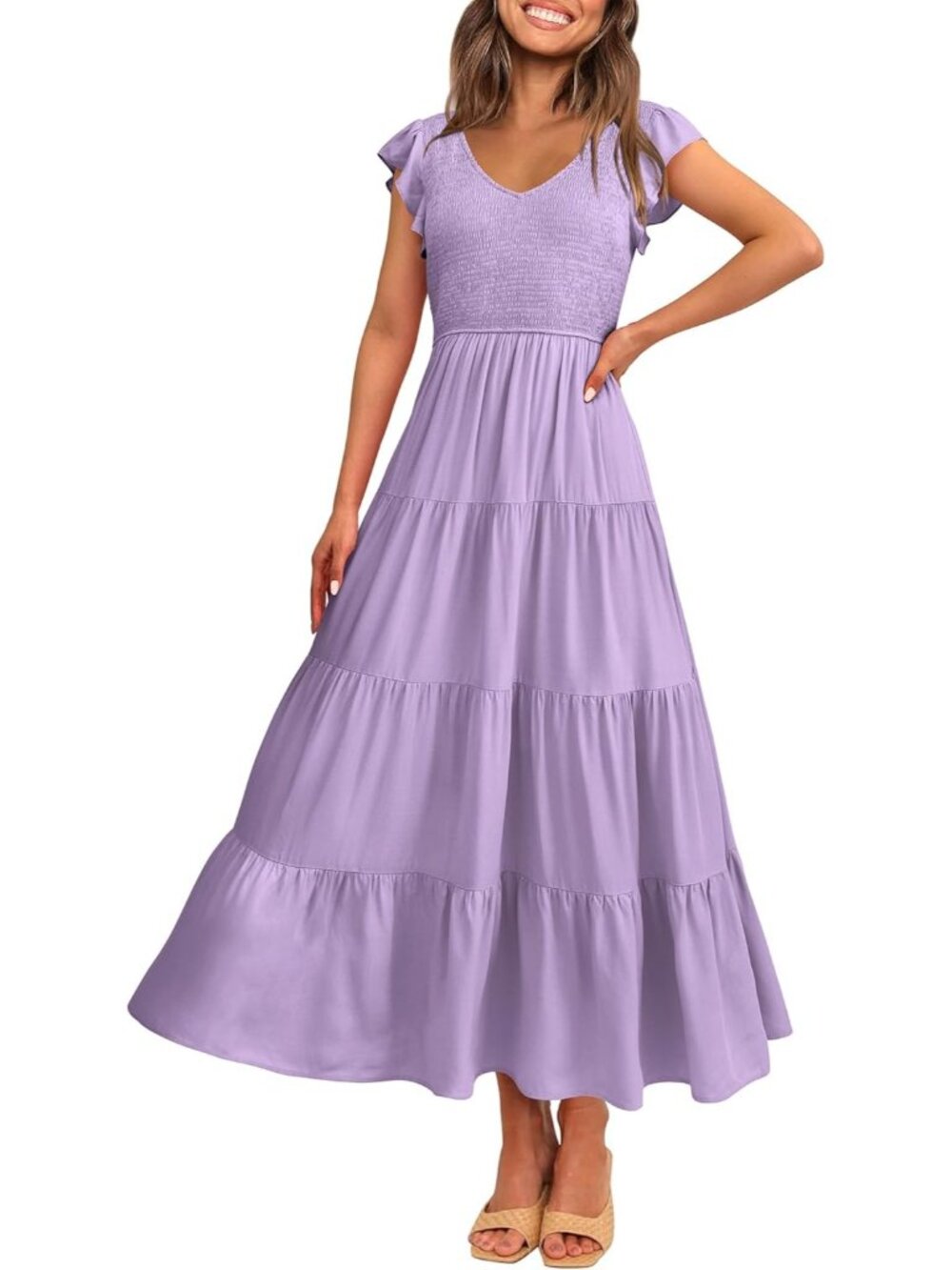 Women's Purple Summer Flowy Maxi Dress Casual Cap Sleeve V Neck Smocked Beach